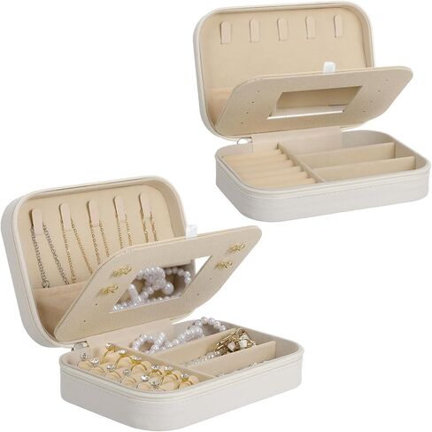 عبوتين من حافظات تنظيم المجوهرات المصنوعة من جلد البولي يوريثان مع مرآة للنساء، مجموعة صندوق مجوهرات مخملية محمولة للأقراط والخواتم والقلادة والسوار - مجموعة هدايا فاخرة (بيج) in Kuwait