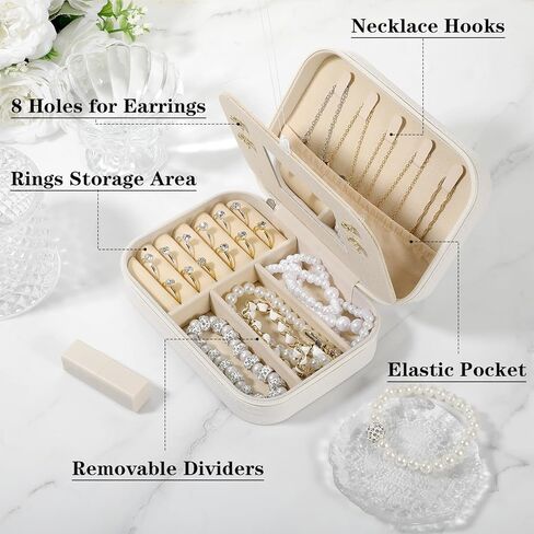 عبوتين من حافظات تنظيم المجوهرات المصنوعة من جلد البولي يوريثان مع مرآة للنساء، مجموعة صندوق مجوهرات مخملية محمولة للأقراط والخواتم والقلادة والسوار - مجموعة هدايا فاخرة (بيج) in Kuwait