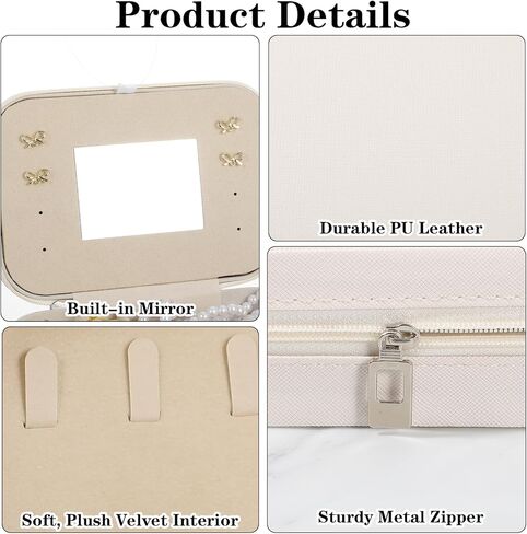 عبوتين من حافظات تنظيم المجوهرات المصنوعة من جلد البولي يوريثان مع مرآة للنساء، مجموعة صندوق مجوهرات مخملية محمولة للأقراط والخواتم والقلادة والسوار - مجموعة هدايا فاخرة (بيج) in Kuwait