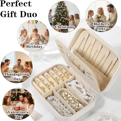 عبوتين من حافظات تنظيم المجوهرات المصنوعة من جلد البولي يوريثان مع مرآة للنساء، مجموعة صندوق مجوهرات مخملية محمولة للأقراط والخواتم والقلادة والسوار - مجموعة هدايا فاخرة (بيج) in Kuwait