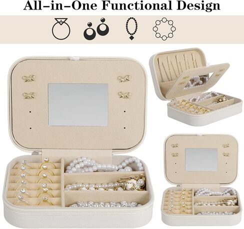 عبوتين من حافظات تنظيم المجوهرات المصنوعة من جلد البولي يوريثان مع مرآة للنساء، مجموعة صندوق مجوهرات مخملية محمولة للأقراط والخواتم والقلادة والسوار - مجموعة هدايا فاخرة (بيج) in Kuwait