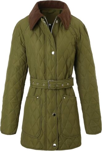 Women's Quilted Jacket with Corduroy Collar, Olive Green, Belted Long Sleeve Coat with Pockets in Saudi Arabia