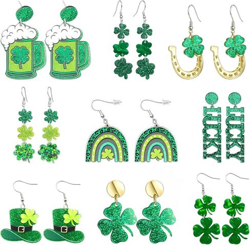 St Patricks Day Earrings, 9 Pairs Green Earrings with Shamrock and Irish Hat Designs for Women, Festive Stud and Dangle Earrings Set for St. Patrick's Day Accessories and Gifts in Kuwait