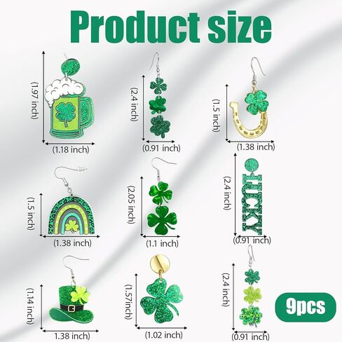 St Patricks Day Earrings, 9 Pairs Green Earrings with Shamrock and Irish Hat Designs for Women, Festive Stud and Dangle Earrings Set for St. Patrick's Day Accessories and Gifts in Kuwait