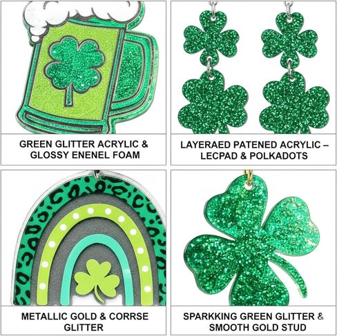 St Patricks Day Earrings, 9 Pairs Green Earrings with Shamrock and Irish Hat Designs for Women, Festive Stud and Dangle Earrings Set for St. Patrick's Day Accessories and Gifts in Kuwait