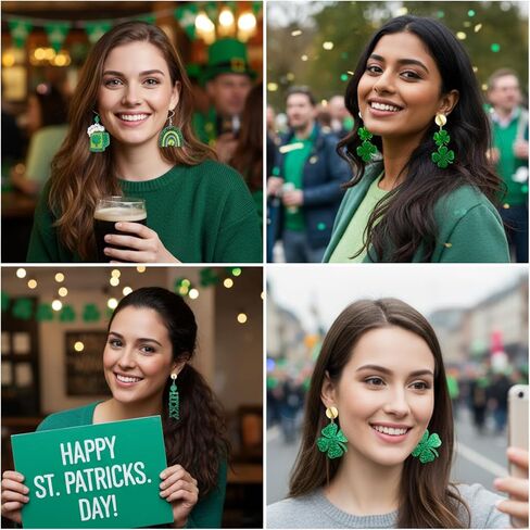 St Patricks Day Earrings, 9 Pairs Green Earrings with Shamrock and Irish Hat Designs for Women, Festive Stud and Dangle Earrings Set for St. Patrick's Day Accessories and Gifts in Kuwait