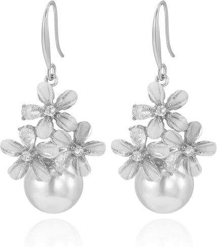 Flower Pearl Drop Dangle Earring For Women,Metal Boho Flower Petal Elegant Jewelry Hook Earrings for Prom Wedding Brides in Kuwait