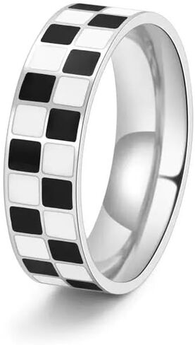 Elegant Checkerboard Chess Ring, Stainless Steel, Black and White Enamel Checkered Pattern in Kuwait