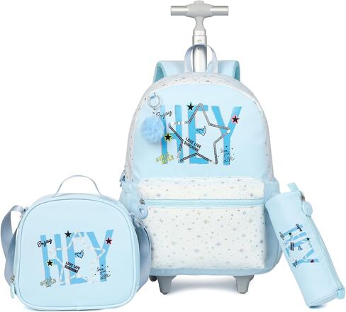Rolling Backpack for Girls Backpack with Wheels Kids Cute Carry on Backpack with Lunch Box Pencil Case for Elementary Student Teen Girls Luggage (TWO FLOWERS PURPLE) in Saudi Arabia