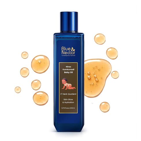 Blue Nectar Baby Oil with Pure Kumkumadi Oil for Glow & Hydration | Ayurvedic Baby Massage Oil for New Born | 100% Natural & Safe Baby Product for Delicate Skin (17 Herbs, 3.38 Fl Oz) in Kuwait