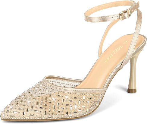 PIZZ ANNU المرأة Cienna عالية الكعب مثير Stiletto مضخات مغلقة اصبع القدم شبكة سباركلي الراين الكاحل فستان بحزام الزفاف أحذية مضخات الحفلات in Kuwait