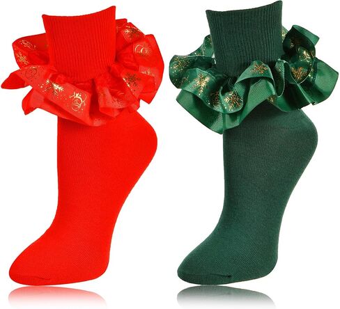 Women Christmas Ruffle Socks, Adult Foldover Cuff Double Lace Frilly Bobby Fancy Sock, Snowflake Pattern(Red Green) in Saudi Arabia