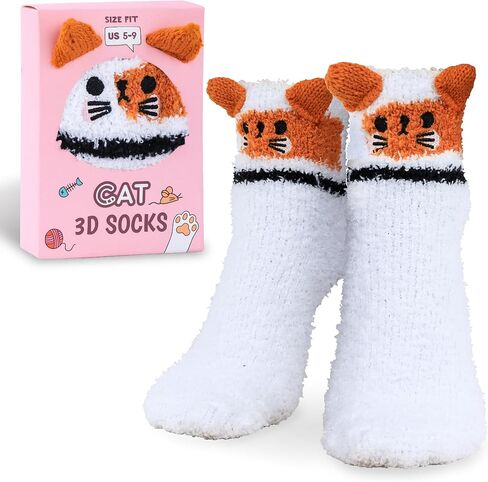 Cute Fuzzy Animal Socks Women Kitten Character – Fluffy Fun Comfy Gift Box Style – Funny Cozy Easter Basket Filler Idea – Size 5-9 in Kuwait