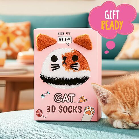 Cute Fuzzy Animal Socks Women Kitten Character – Fluffy Fun Comfy Gift Box Style – Funny Cozy Easter Basket Filler Idea – Size 5-9 in Kuwait