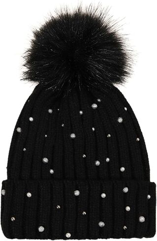 Women's Sparkly Rhinestone Hat Fleece Lining Winter Knitted Beanie with Pom Pom in Kuwait