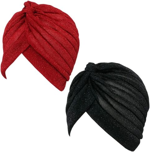 قطعتين من عمامة لامعة مطوية للنساء، قبعة قابلة للتمدد، قبعة صغيرة قابلة للتمدد، غطاء رأس مرن سهل الارتداء، إكسسوارات أغطية الرأس (أسود + أحمر) in Kuwait