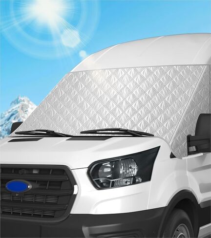 غطاء الزجاج الأمامي لسيارة Ford Transit 2015-2026 Motorhome، شاحنة صغيرة، مظلة النافذة الأمامية، غطاء أمامي أكسفورد من الفئة B للحماية من الأشعة فوق البنفسجية ودرع الخصوصية، فضي مع فتحات مرآة in Kuwait