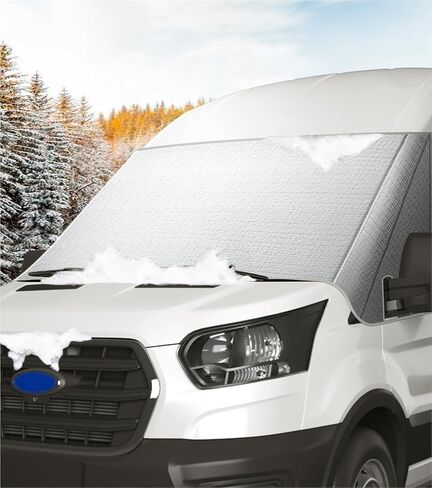 غطاء الزجاج الأمامي لسيارة Ford Transit 2015-2026 Motorhome، شاحنة صغيرة، مظلة النافذة الأمامية، غطاء أمامي أكسفورد من الفئة B للحماية من الأشعة فوق البنفسجية ودرع الخصوصية، فضي مع فتحات مرآة in Kuwait
