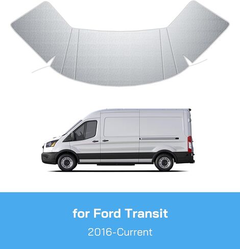 غطاء الزجاج الأمامي لسيارة Ford Transit 2015-2026 Motorhome، شاحنة صغيرة، مظلة النافذة الأمامية، غطاء أمامي أكسفورد من الفئة B للحماية من الأشعة فوق البنفسجية ودرع الخصوصية، فضي مع فتحات مرآة in Kuwait