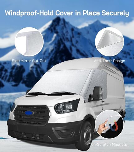 غطاء الزجاج الأمامي لسيارة Ford Transit 2015-2026 Motorhome، شاحنة صغيرة، مظلة النافذة الأمامية، غطاء أمامي أكسفورد من الفئة B للحماية من الأشعة فوق البنفسجية ودرع الخصوصية، فضي مع فتحات مرآة in Kuwait