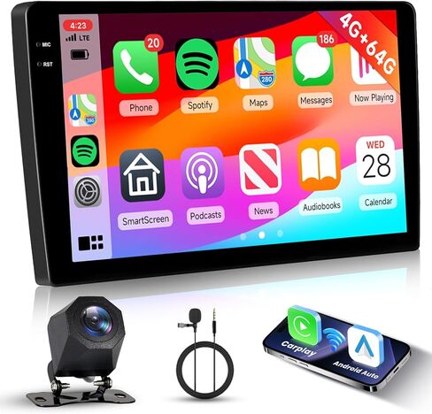 [4G+64G] راديو سيارة أندرويد 10.1 بوصة مزدوج Din، Hodozzy شاشة تعمل باللمس ستيريو سيارة مع نظام تحديد المواقع بلوتوث لاسلكي Carplay Android Auto، راديو سيارة مزدوج Din واي فاي FM/RDS راديو EQ/USB/SWC+AHD كاميرا in Kuwait