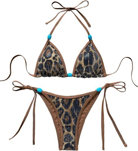 SOLY HUX Women's Leopard Sequin Bikini Set Cheetah Print Halter Triangle Tie Side String Bathing Suit Two Piece Swimsuit in Saudi Arabia