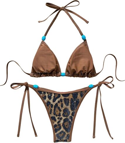 SOLY HUX Women's Leopard Sequin Bikini Set Cheetah Print Halter Triangle Tie Side String Bathing Suit Two Piece Swimsuit in Saudi Arabia