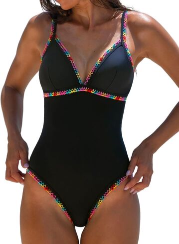 popvil One Piece Swimsuit for Women 2026 Neon Bathing Suit Cut Out Deep V Neck Black Swimsuits Stitched Swimwear in Kuwait