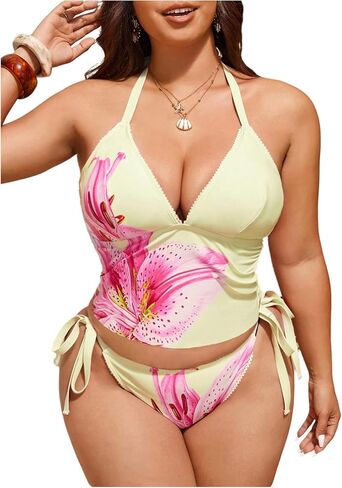 SHENHE Women's Plus Size Floral Tankini Swimsuits Halter V Neck Tie Side String Bathing Suits in Saudi Arabia