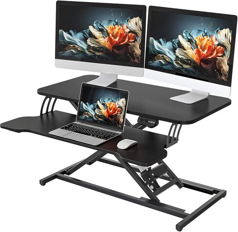 YIHAYO Electric Standing Desk Converter 32 inch, Sit to Stand Up Height Adjustable Desk Riser, Quick Sit to Stand Tabletop Dual Monitor Riser Workstation for Home Office with Keyboard Tray, Black in Saudi Arabia