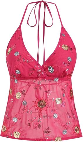 MakeMeChic Women's Y2k Sequin Halter Crop Tops Chiffon Wrap V Neck Tie Open Back Party Top in Saudi Arabia