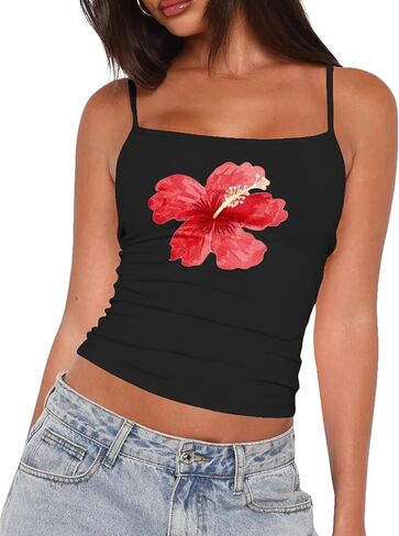 Cioatin Cute Y2K Floral Graphic Print Crop Cami Sleeveless Spaghetti Straps Slim Fit Tank Square Neck Summer Tops Backless in Kuwait