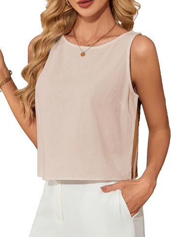 Womens Cotton Linen Cropped Tank Tops Sleeveless Loose Fit Blouses Basic Shirt in Kuwait