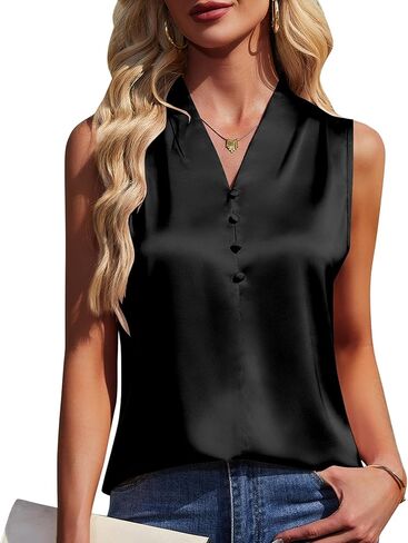 المرأة الحرير الساتان أنيق تانك القمم الخامس الرقبة بلا أكمام البلوزات الصيف الأعمال قمصان عادية in Kuwait