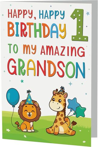 بطاقات عيد الميلاد الأول للحفيد - تصميم حيوان الغابة اللطيف - بطاقة تهنئة مميزة بحجم A5 في المملكة المتحدة in Kuwait