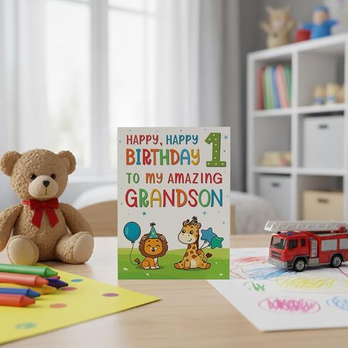 بطاقات عيد الميلاد الأول للحفيد - تصميم حيوان الغابة اللطيف - بطاقة تهنئة مميزة بحجم A5 في المملكة المتحدة in Kuwait