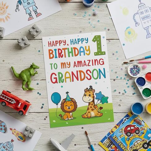 بطاقات عيد الميلاد الأول للحفيد - تصميم حيوان الغابة اللطيف - بطاقة تهنئة مميزة بحجم A5 في المملكة المتحدة in Kuwait