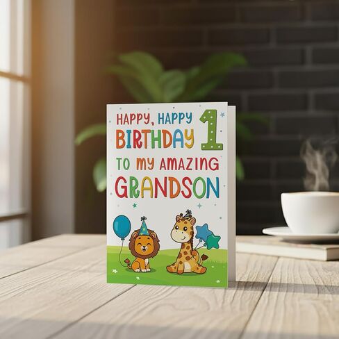 بطاقات عيد الميلاد الأول للحفيد - تصميم حيوان الغابة اللطيف - بطاقة تهنئة مميزة بحجم A5 في المملكة المتحدة in Kuwait
