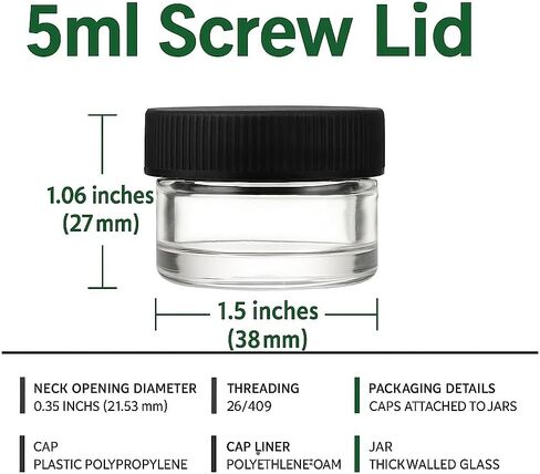 100 Pack 5ml Jar Screw Lid Black - Small Glass Cosmetic Packaging Container for Cream, Wax, and Balms in Saudi Arabia