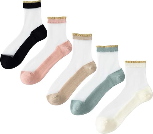 YFUNNLE Womens Sheer Socks, Summer Transparent Thin Mesh Lace See Through Ruffle Stylish Socks in Kuwait
