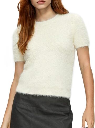 Yimoon Womens Furry Fuzzy Sweater Short Sleeve Pullover Knit Sweater Cozy Shaggy Knit Jumper in Saudi Arabia