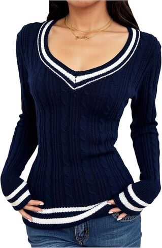 Floerns Women's Striped Preppy Sweaters V Neck Cable Knit Going Out Fall Pullover Tops in Saudi Arabia