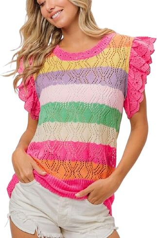 Womens Casual Pullover Rainbow Crochet Eyelet Ruffle Sleeve Striped Summer Top Sleeveless Blouse in Kuwait