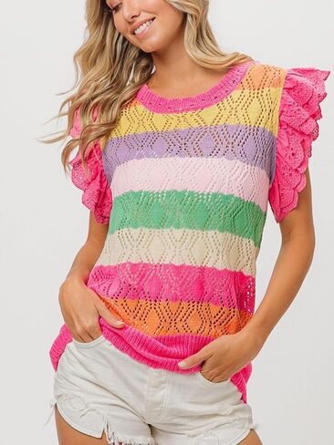Womens Casual Pullover Rainbow Crochet Eyelet Ruffle Sleeve Striped Summer Top Sleeveless Blouse in Kuwait