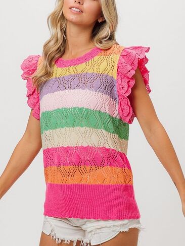 Womens Casual Pullover Rainbow Crochet Eyelet Ruffle Sleeve Striped Summer Top Sleeveless Blouse in Kuwait
