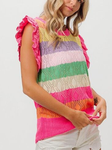 Womens Casual Pullover Rainbow Crochet Eyelet Ruffle Sleeve Striped Summer Top Sleeveless Blouse in Kuwait