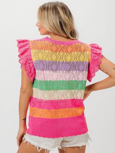 Womens Casual Pullover Rainbow Crochet Eyelet Ruffle Sleeve Striped Summer Top Sleeveless Blouse in Kuwait