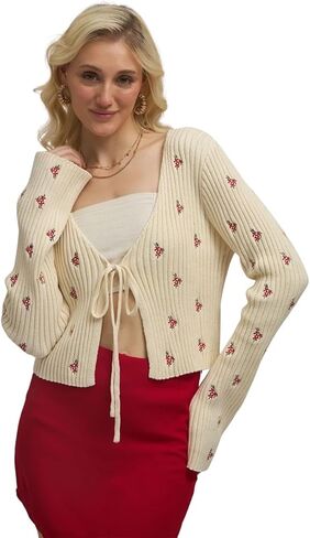 Cotton Purple Floral V-Neck Tie-Up Long Sleeve Regular Sweater Cardigan for Women in Saudi Arabia