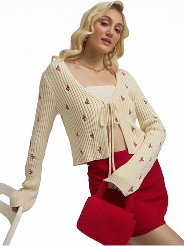 Cotton Purple Floral V-Neck Tie-Up Long Sleeve Regular Sweater Cardigan for Women in Saudi Arabia