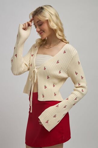 Cotton Purple Floral V-Neck Tie-Up Long Sleeve Regular Sweater Cardigan for Women in Saudi Arabia